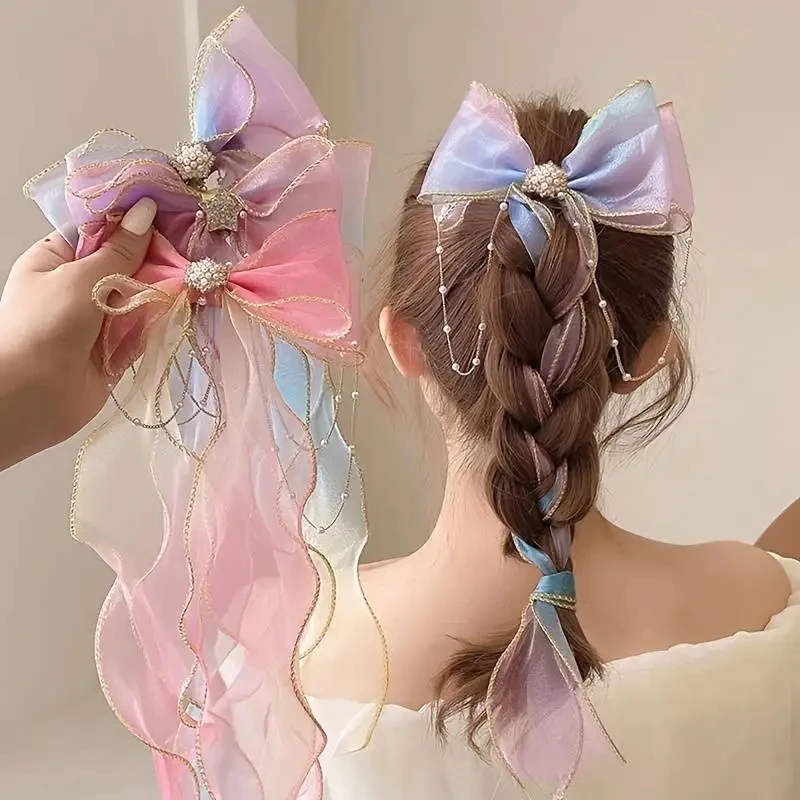 Children\'s Hair Accessories Pearl Tassels Bows Ribbons Braided Hairpins Headdresses Girls Princess Hair Clips Hair Accessories