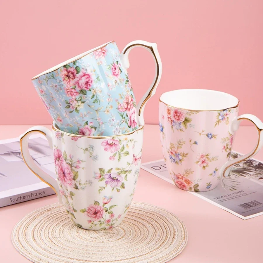 460ML Pumpkin-Shaped Ceramic Mug Full Cup of Flower Pattern Coffee Cup Big Capacity Breakfast Milk Tea Cups Gift For Kids Girls