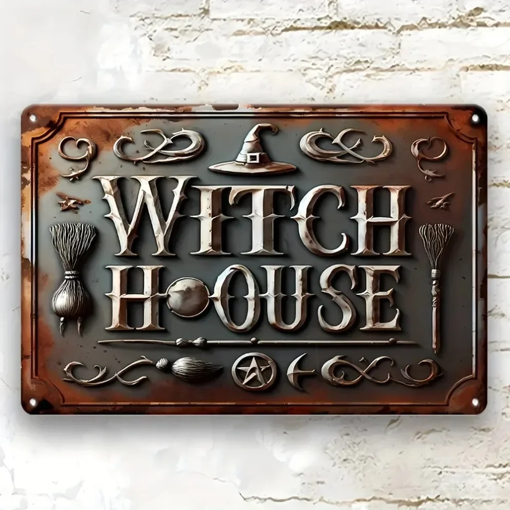 Pretty Witch House Metal Tin Sign, 20x30cm Retro Vintage Witch Hat Broom Wall Plaque for Halloween Decor