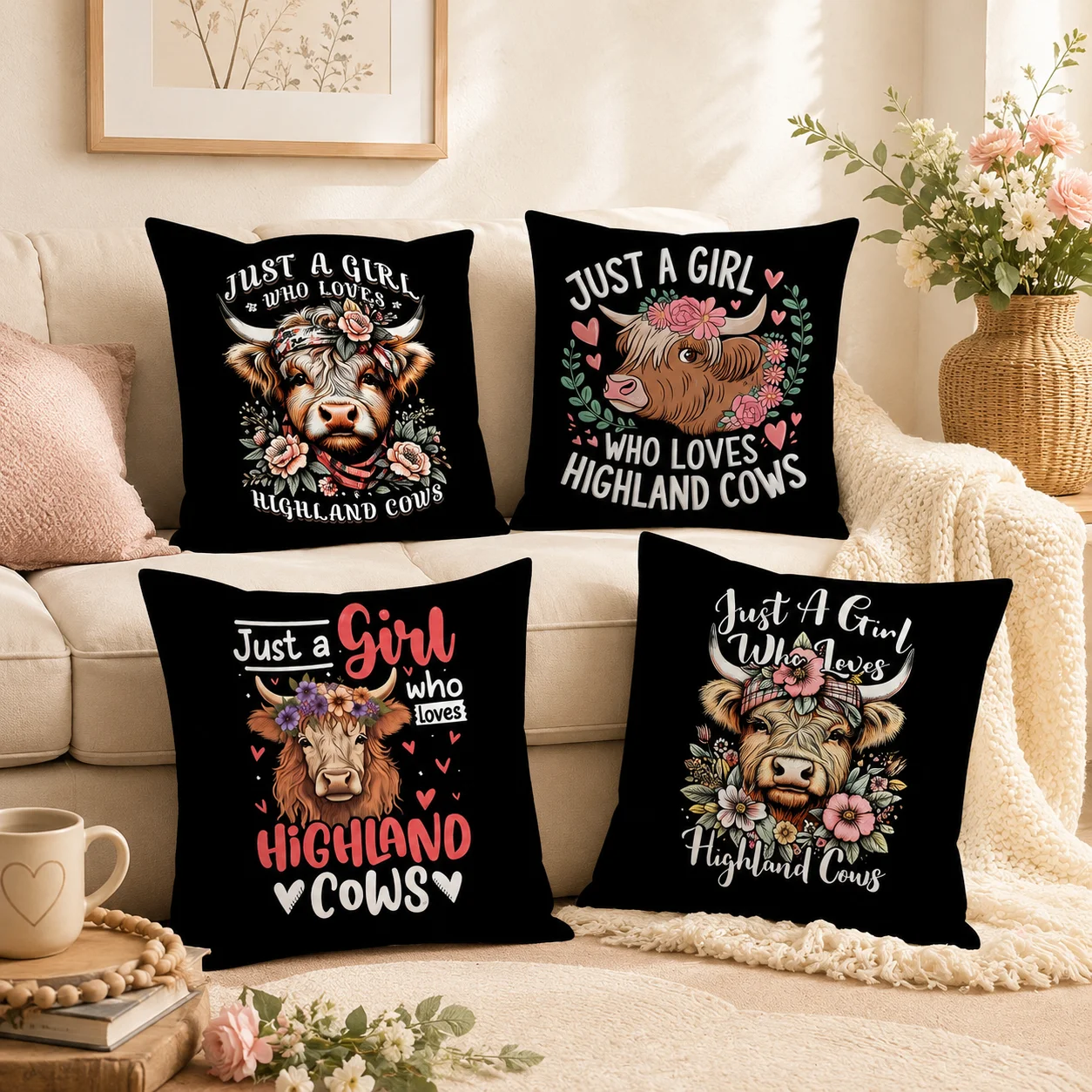 Scottish Highland Cow Black Cushion Cover Silky Short Plush With Invisible Zipper Dustproof Sofa Pillow Cover For Home Decor