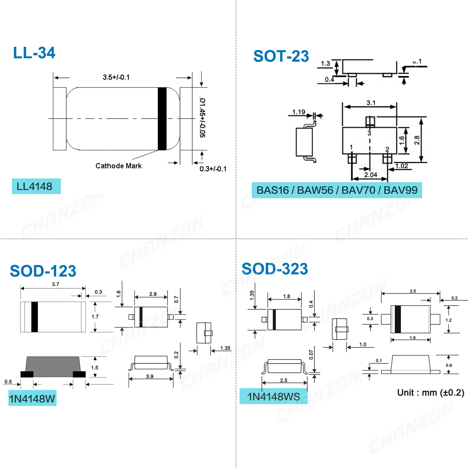 LL4148 BAS16 BAW56 BAV70 BAV99 1N4148W 1N4148WS SMD Small Signal Fast Switching Diode Mark A1 A4 A6 A7 T4 LL 4148