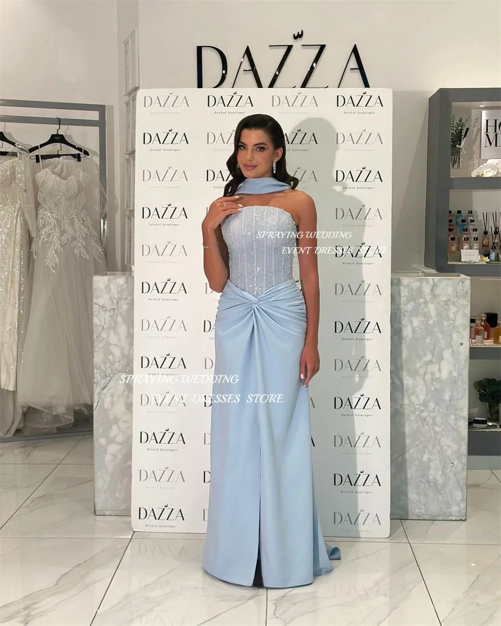 SPRAYING – robe de soirée en dentelle scintillante bleue, robe de soirée Sexy sans bretelles pour femmes, robe longue sirène, personnalisée