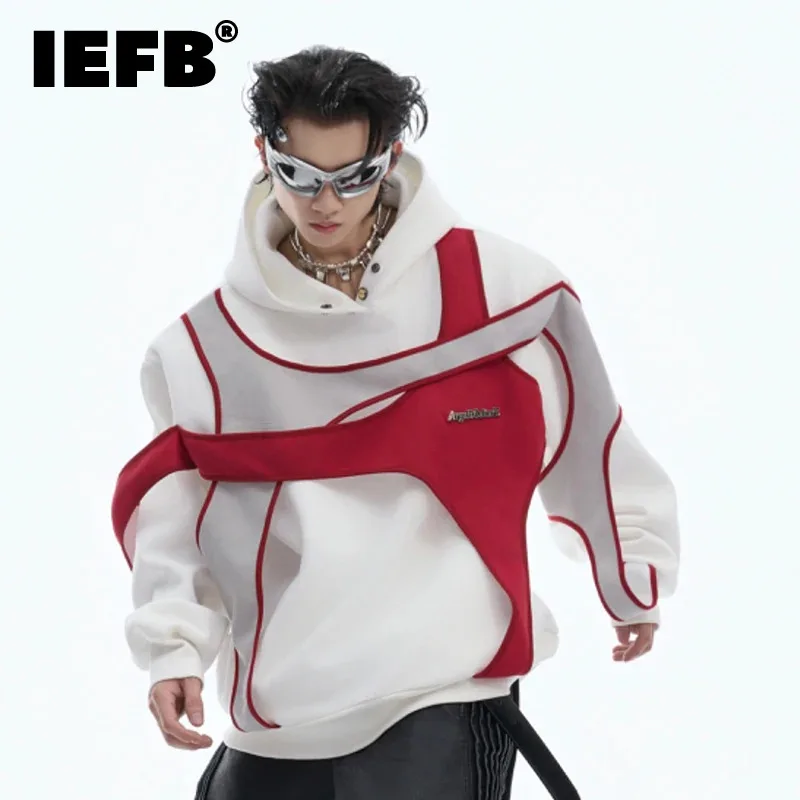 IEFB Niche Doublelayer Sweatshirt Splicing Contrasting Shoulder Pads Hooded 2024 Contrast Color  Casual Male Hoodies 24E2504