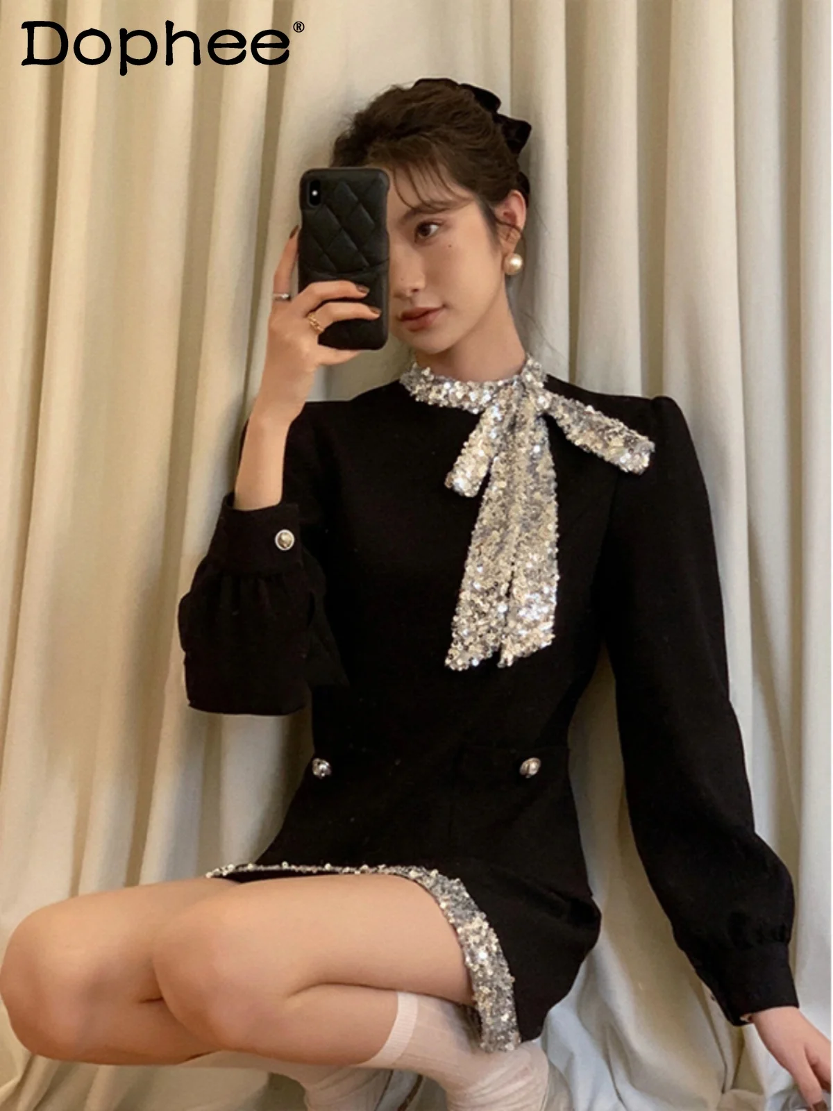 

Retro Puff Sleeve Elegant Sequins Dress for Women 2024 Spring Summer New Korean Waist-Tight Temperament Short Dresses Female