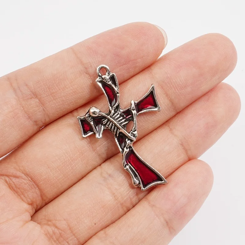 5Pcs Gothic Silver Skeleton Red Imitation Enamel Cross Pendant DIY Necklace Bracelet Jewelry Making Accessories