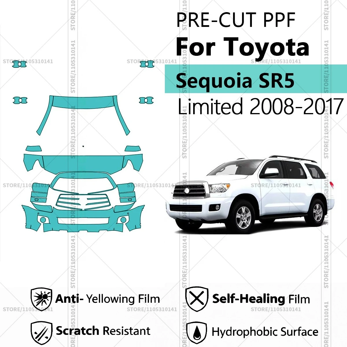 Pre-Cut Paint Protection Film PPF Transparent Car Film Automotive PPF Front Kit For Toyota Sequoia SR5-Limited 2008-2017
