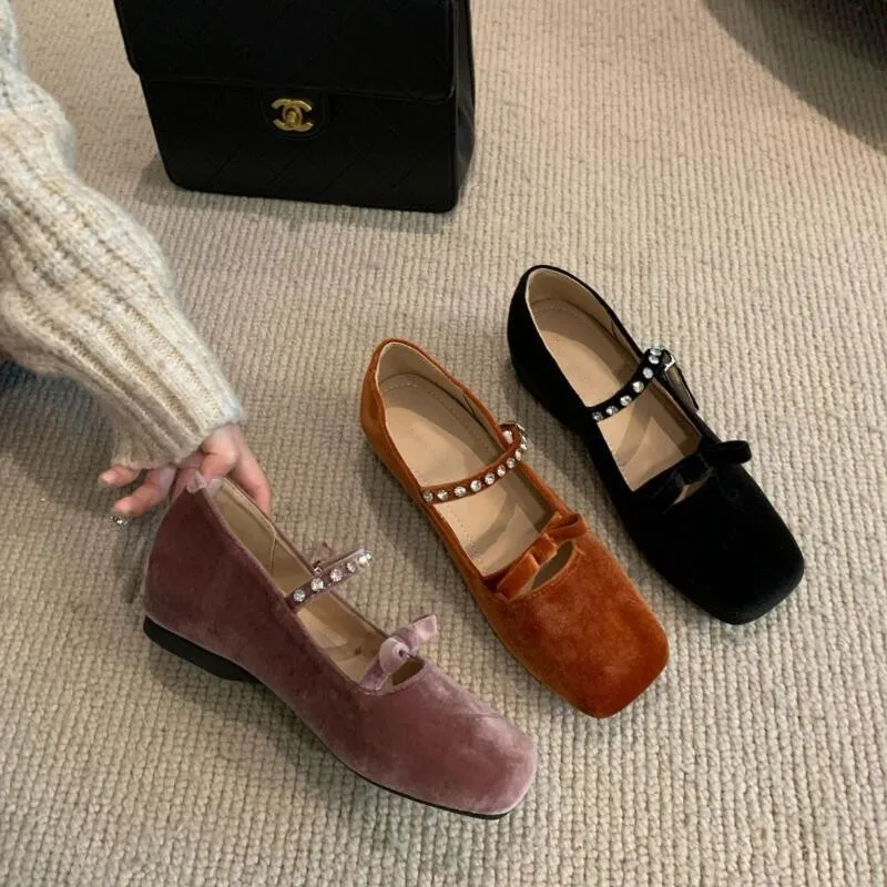 2025 Autumn Crystal Mary Jane Women Low Heel Shoes Fashion Velvet Square Toe Shallow Ladies Shoes Ballerinas Female Moccasins