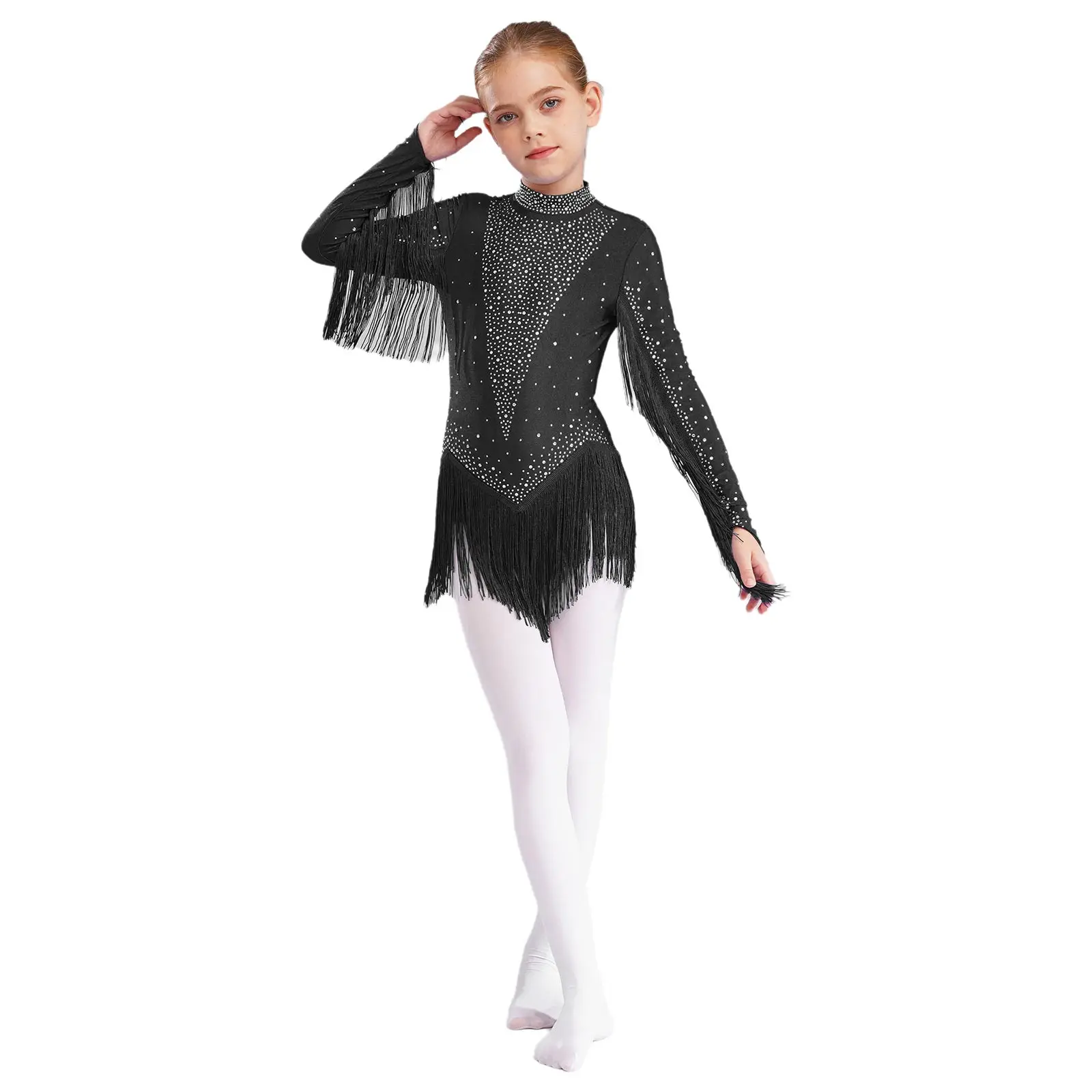 Crianças meninas jazz dança collant contornado jazz tango samba rumba traje strass mangas compridas retalhos borla collants bodysuit