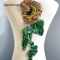 AHYONNIEX Large Size 36 cm X 13.3cm Patch Long Sequins Sunflower Strips Clothing Accessories DIY Applique Sew On Parches