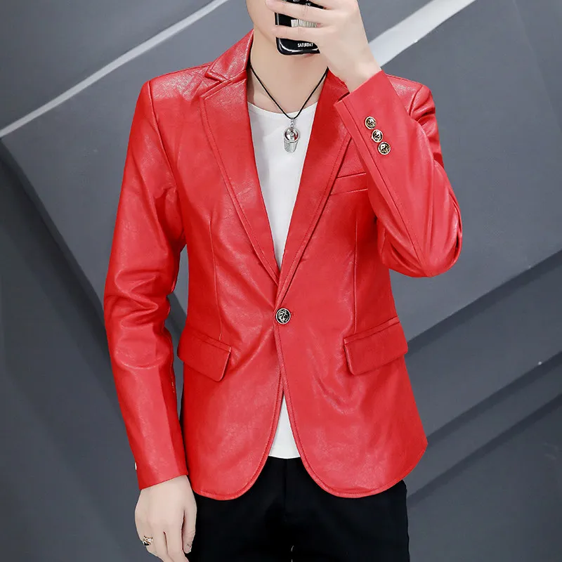 

Slim Fit PU Leather Jacket Men's Fashionable Motorcycle Style Spring Autumn Outerwear Long Sleeve Single Button Suit Collar