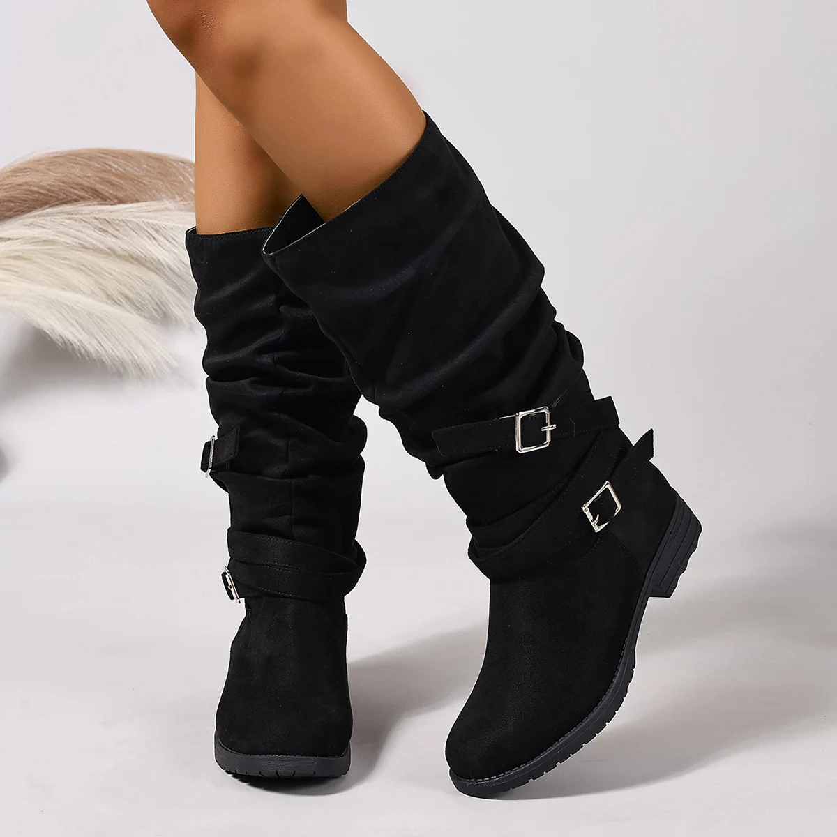 

Women's Slip On Crinkle Stack Boots with Buckle Strap, Square Low Heel Fabric Ankle Booties, Wrinkle Design