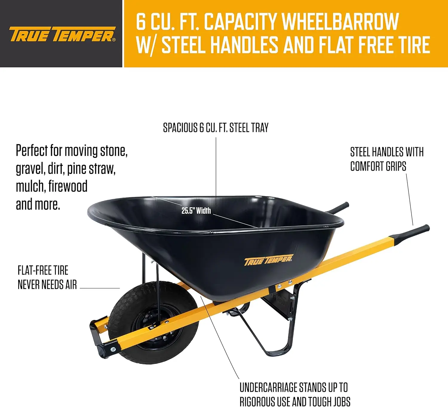 R6Stffec 6 Cu. Ft Steel Tray Wheelbarrow With Never Flat Tire & Steel Handles, Black