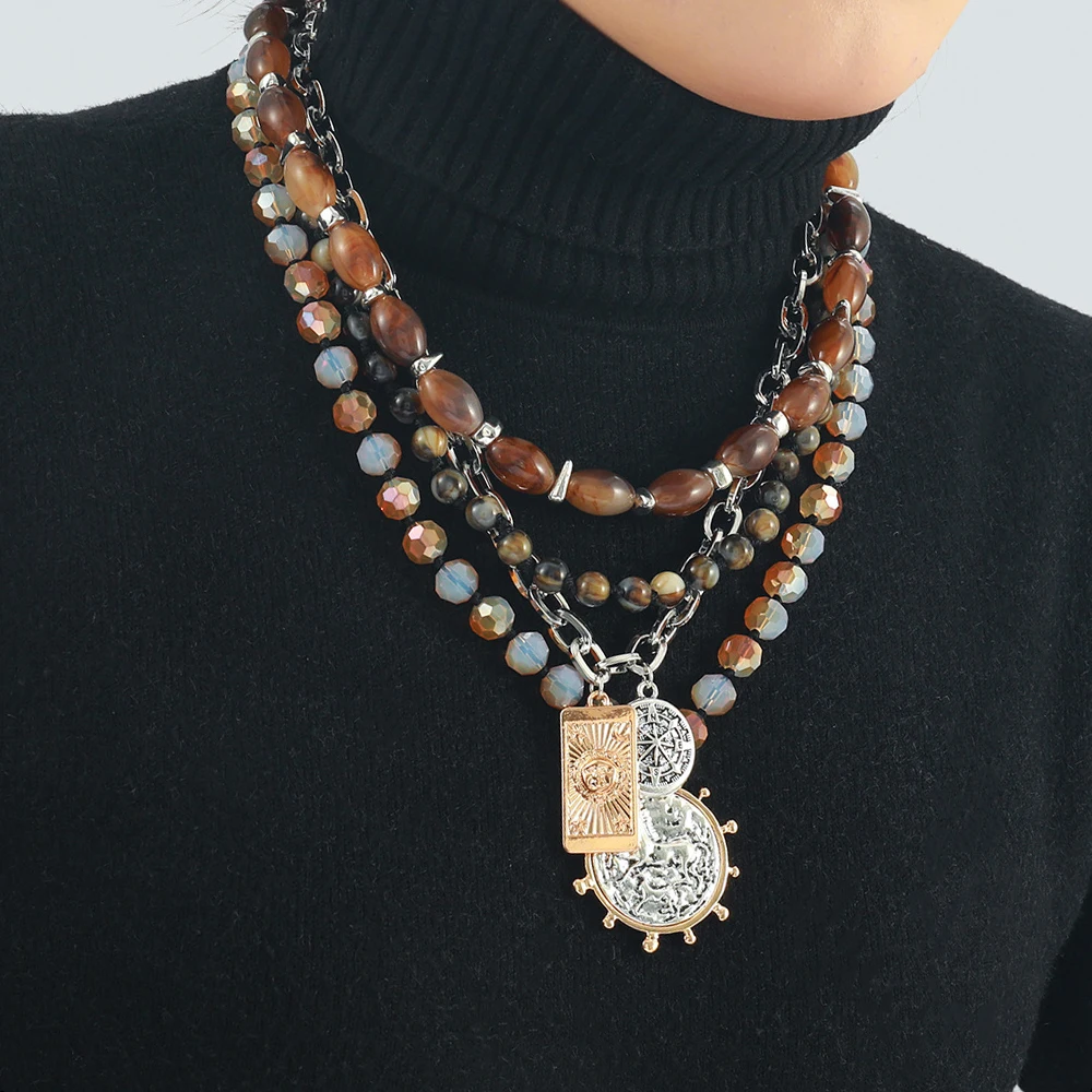 ZAA Women Multi-layer Neckalces Jewelry Vintage Irregular Layered Pendant Handmade Beaded Chain Necklaces Fashion Accessories