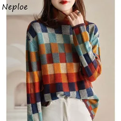 Neploe-suéter de punto a cuadros colorido para mujer, jersey de cuello alto, estilo perezoso, ropa exterior delgada, otoño e invierno, 2024