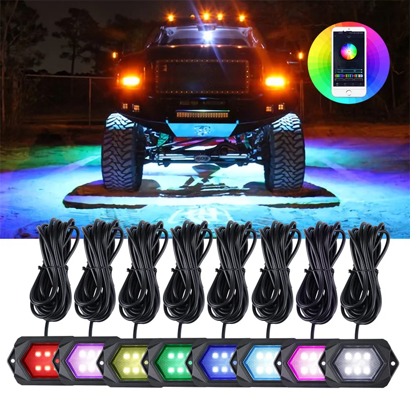 RGB LED Rock Lights Bluetooth-Compatible APP Control Undergolw For Jeep Off-Road Truck Boat Car Chassis Light Music Sync