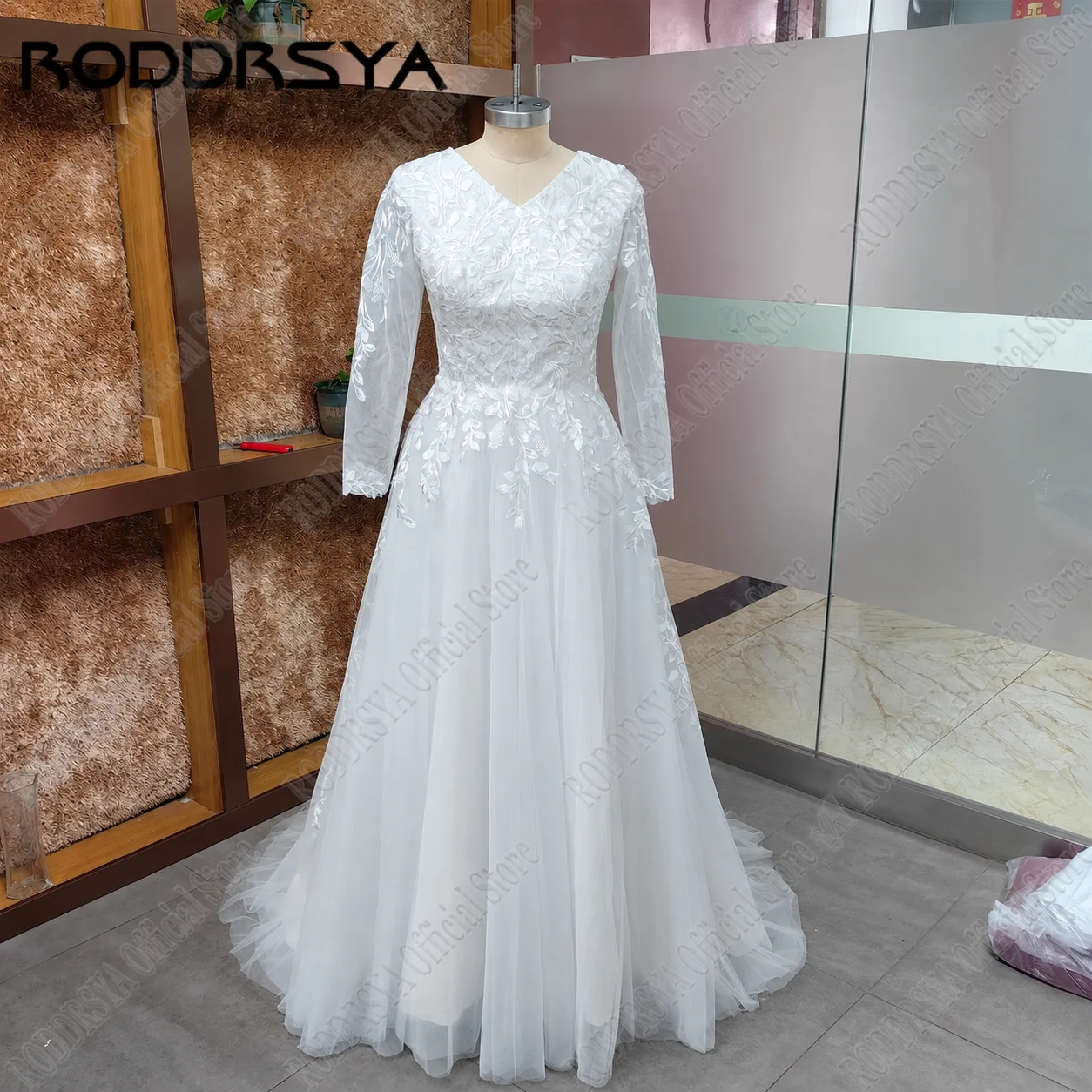 Roddrsya muslimische volle Ärmel Hochzeits kleid Applikation Spitze V-Ausschnitt Zivil Brautkleider Sweep Zug Vestido de Novia angepasstRODDRSYA Muslim Full Sleeve Brautkleid Applique Spitze V-Ausschnitt Zivil Brautkle – Detail 12