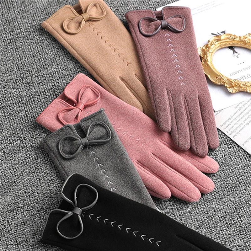 Women Gloves Cute Bow Embroidery Thin Plus Velvet Touch Screen Driving Mittens Winter Outdoor Cashmere Warm Cycling Gloves