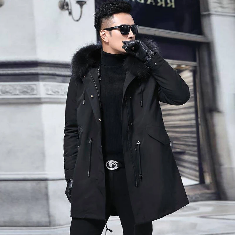 2022 Winter Trendy Men High Quality Faux Fur Liner Parka Elegant Imitation Fox Hair Hooded Long Coat Fashion Luxury Jackets