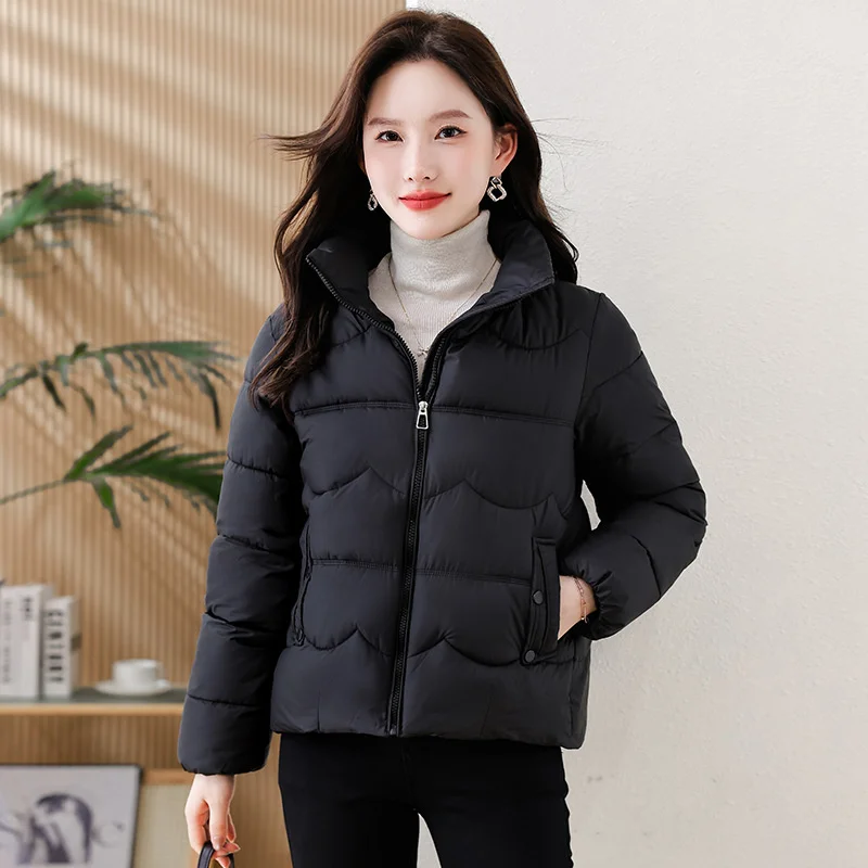 

2025 Stand-collar Cotton-padded Clothes Women's Short Parkas Slim Jackets Autumn Winter Warm Thicken Outerwear Lady Casual Coats