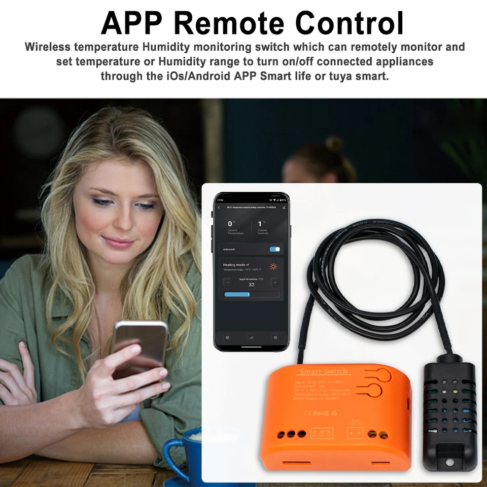1 Channel WiFi Temperature Sensor Relay Switch, 7-32V Or 85-250V Or USB 5V, Tuya App Dry Contact, Works With Alexa & Google Home (1CH 7-32V)