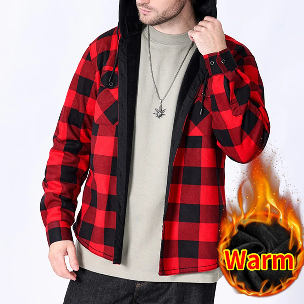 Men\'s Winter Jackets Large Size Flannel Casual Fleece Lining Hooded Plaid Shirts for Men Outwear Vintage Men Warm Coat