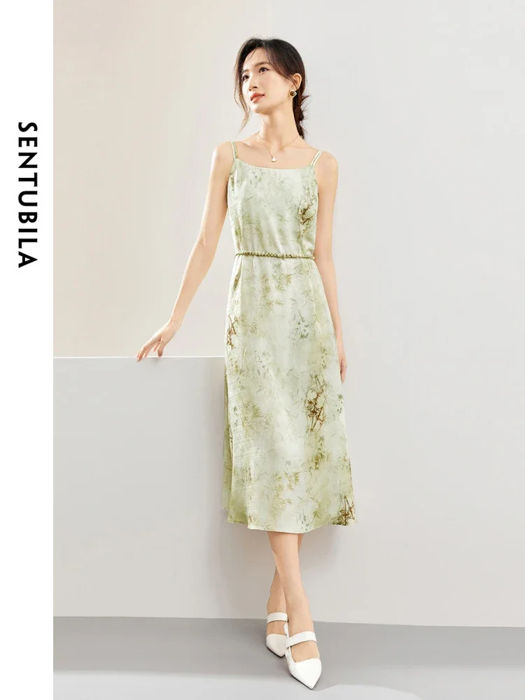 

SENTUBILA Straight Chinese Style Printed Sleeveless Dress 2025 Summer Fashion Elegant Belt Womens Midi Camisole Dress 141L53792