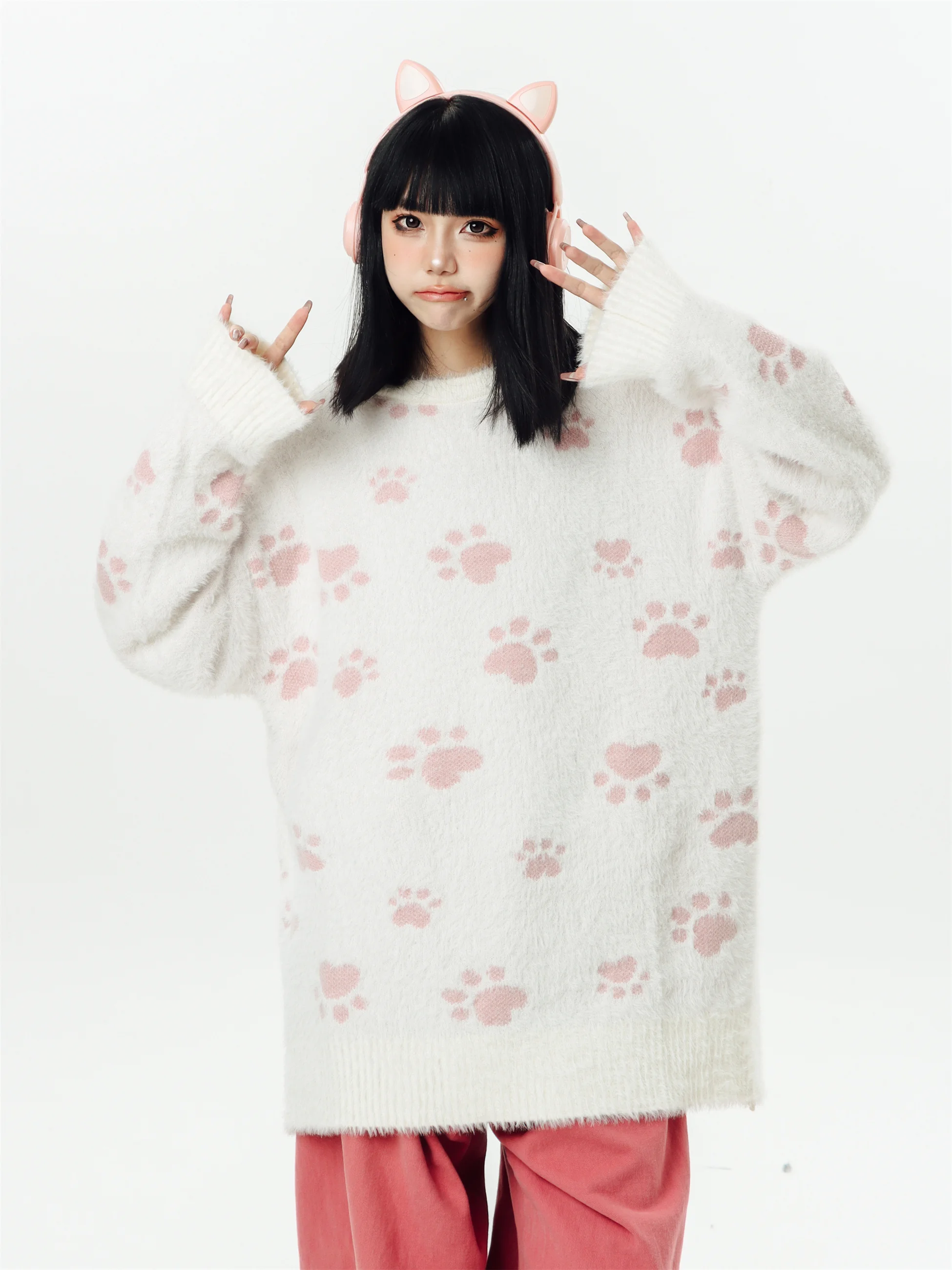 

Модный свитер KESOAK с принтом собачьих лапок, свободный повседневный топ с круглым вырезом, уличный стиль, осенне-зимняя мода для пар