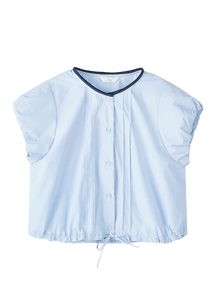 GOFAR Simple round Neck Bubble Sleeve Shirt Women's Summer New Color Collision Short Sleeve Shirt  Knot Commute Style