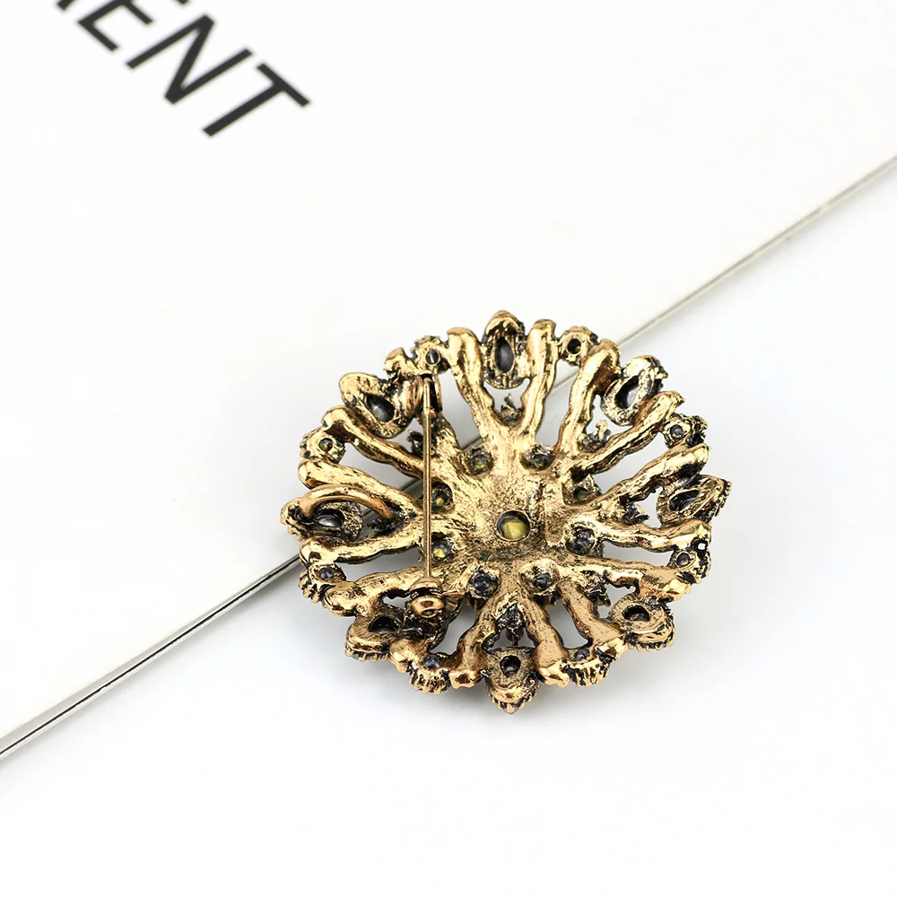 Sunpicems Vintage Turkish Flower Brooch for Women Full Rhinestone Antique Gold Color Round Crystal Pins Jewelry Love Gift 2020