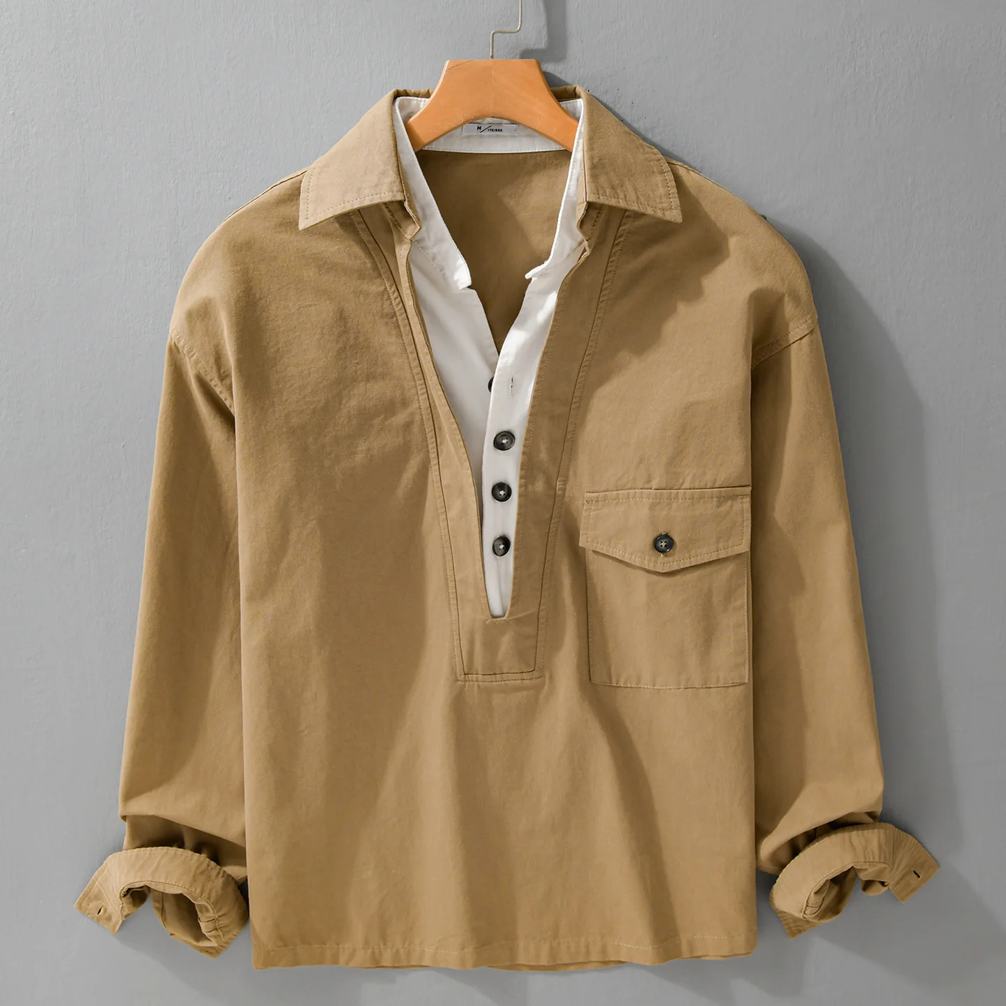 

Loose Fit Long Sve V-Ne irt Men's Spring Autumn Layering Trendy Casual Pure Cotton Comfortable Classic Sle irt