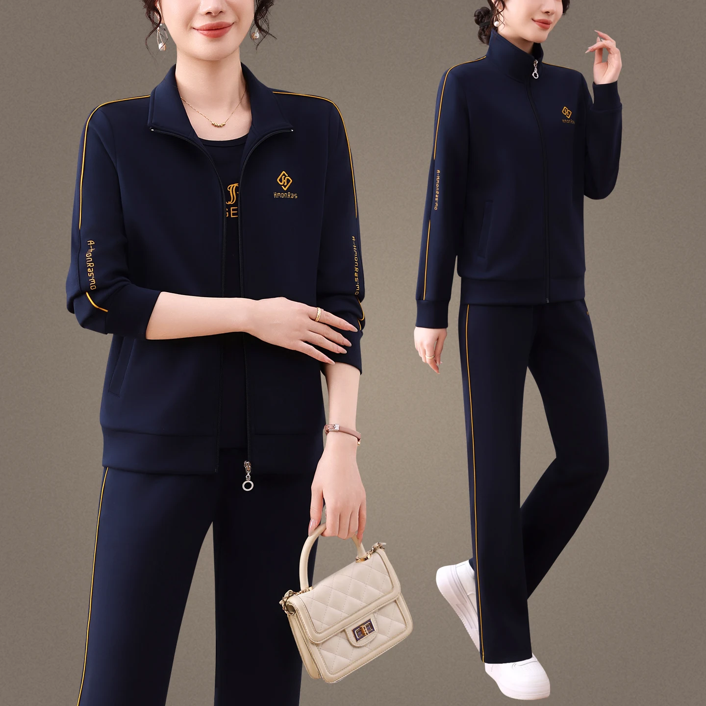 

Faionable Sportswear Set New Sle Mommy Casual Wear Spring Autumn Stand Collar Outerwear Sweatirt Tee Piece Set for Women