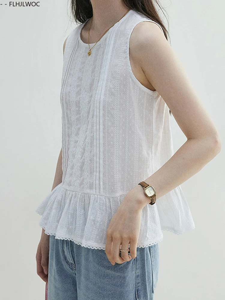 면 혼방 탑 블라우스 귀엽고 달콤한 여성용 2025 여름 민소매 셔츠 화이트 레이스 러플 페플럼 탱크탑