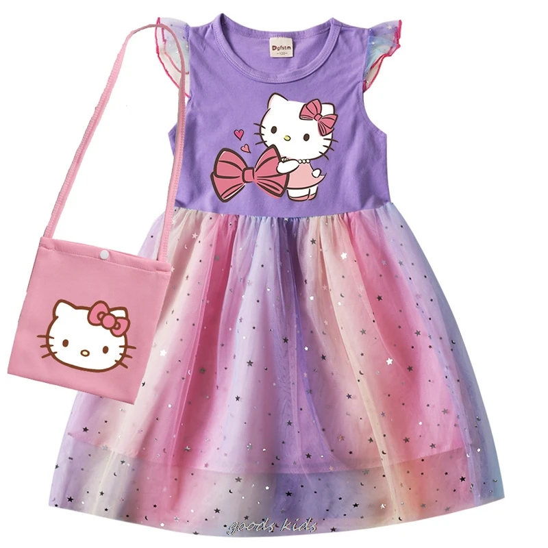 Niemowlę dziewczynka księżniczka sukienka Hello Kitty ubranka niemowlęta dziewczynki krótki rękaw swobodne sukienki i torba na urodziny dziecka