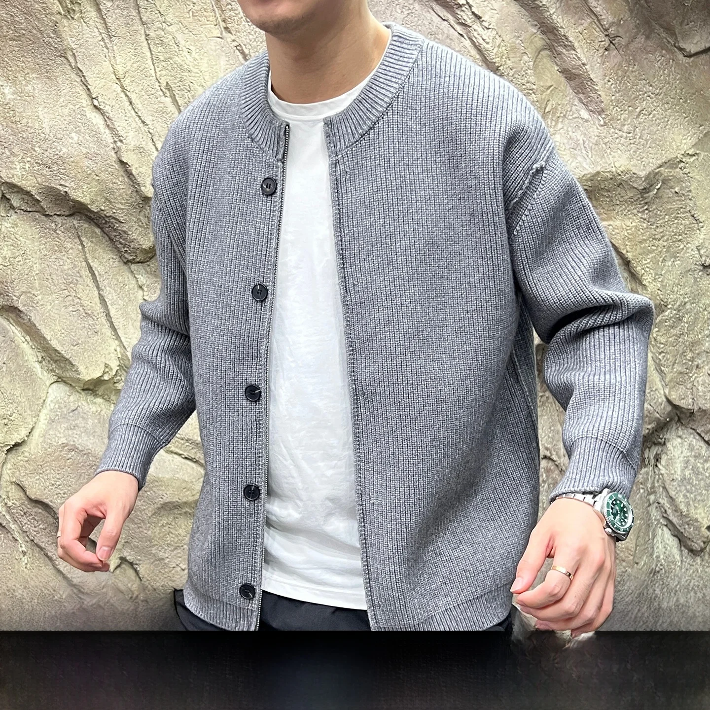 

Ele round Ne Zipper Knitted Cardigan for Men Faionable Autumn Wear Comfortable Breathable Long Sve Polyester Fiber