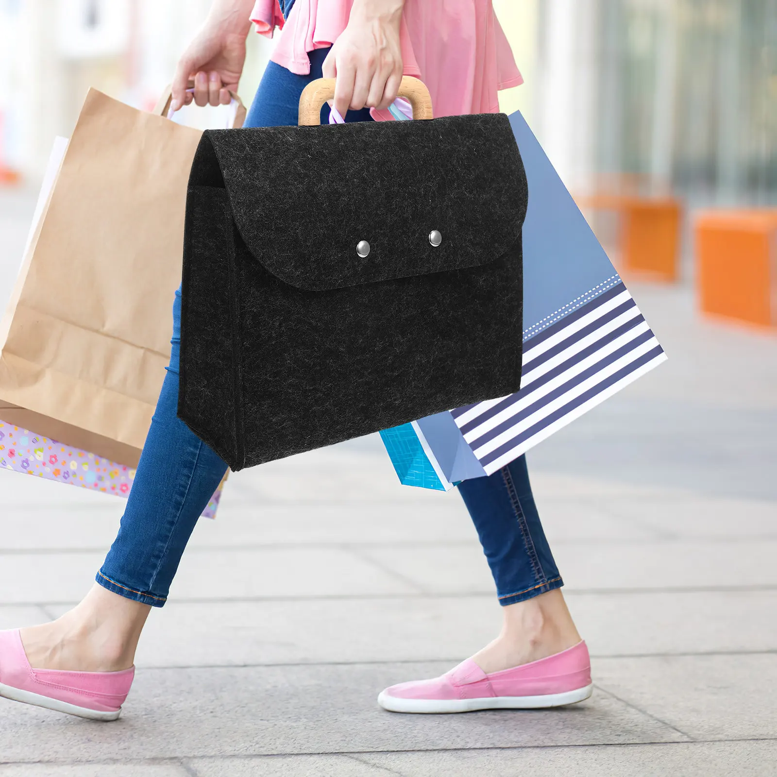 

Business Tote Bag Felt Large Capacity File Organizer Protective Storage Case Wooden Handle Document Bag File Organize