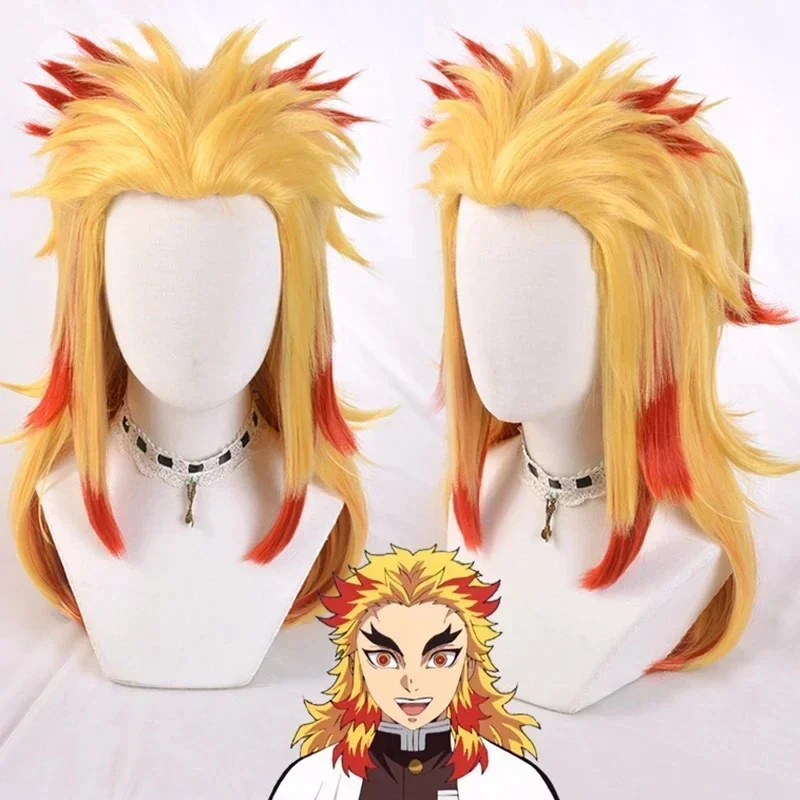 Peluca de Anime Demon Slayer Rengoku Kyoujurou Rubio degradado, disfraz de Cosplay, peluca de cabello Pontail resistente al calor, gorro de peluca, hombres y mujeres