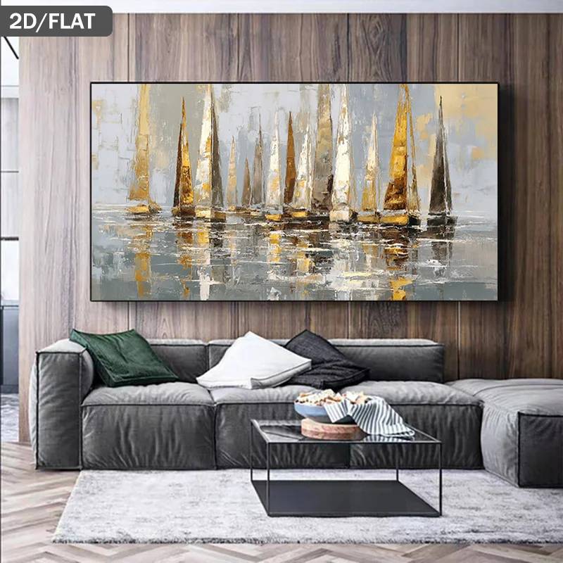

2D Flat Frameless Abstract Sailboats on Water Canvas Wall Art - Modern Sea Landscape Canvas Prints for Living Room, Office Decor