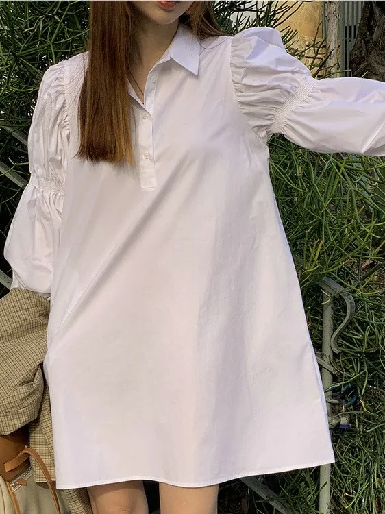 Chic Simple Elegance Turn-down Collar Single Button Loose Casual Lazy Sle Bubble Sve irt Dr Women Summer Faion