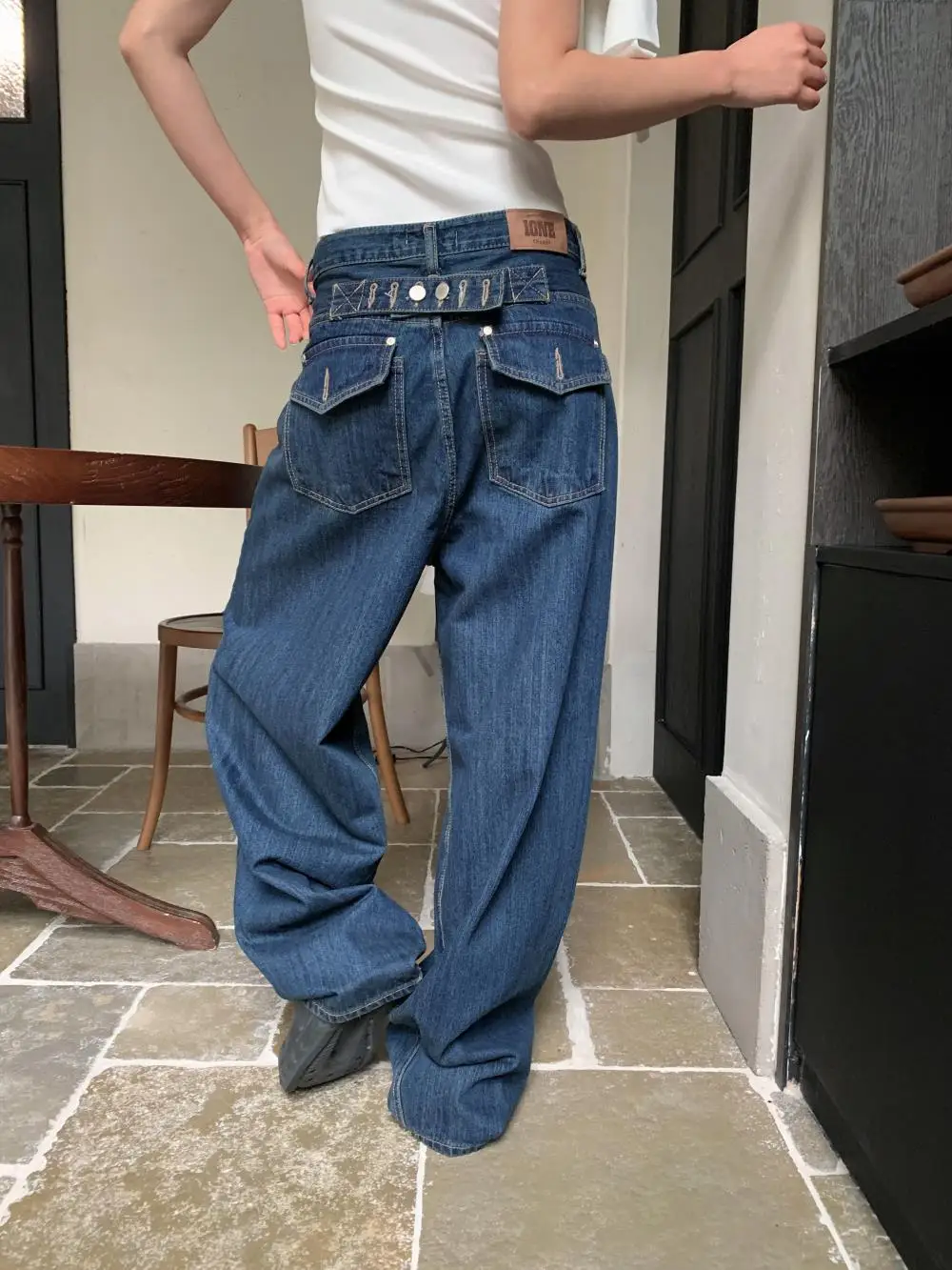 Szerokie jeansy damskie vintage dżinsy spodnie do ziemi niski stan postarzane sprane kieszenie streetwear luźne spodnie 2025