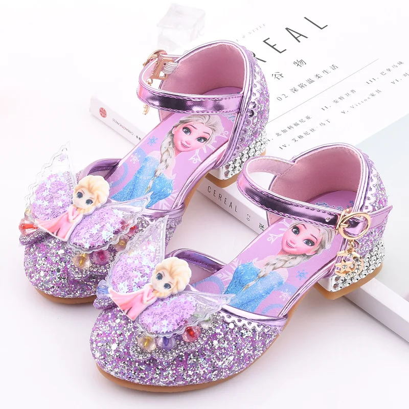 Disney Frozen Kids Leather For Girls Elsa Princess Casual Glitter Children High Heel Party Dress Shoes With Butterfly Knot