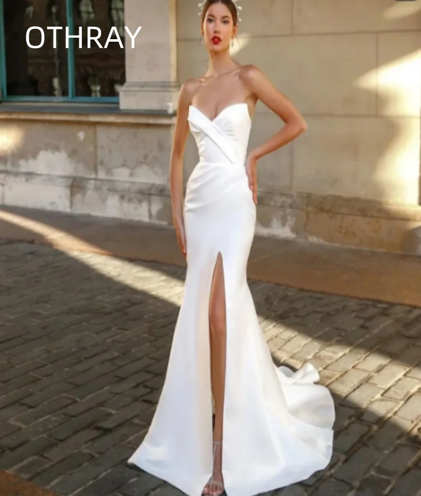 Strapless Satin Bridal Gown Sweep Train For Women Custom Made To Measure Simple High Split Elegant Wedding Dress For Woman 2024