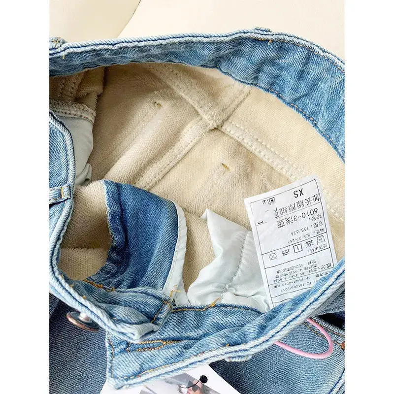 Women Thickened Fleece Jeans Lady Straight-leg Pants Light-colored Thin Pocket High-waist Jeans Student Loose Straight-leg Pants