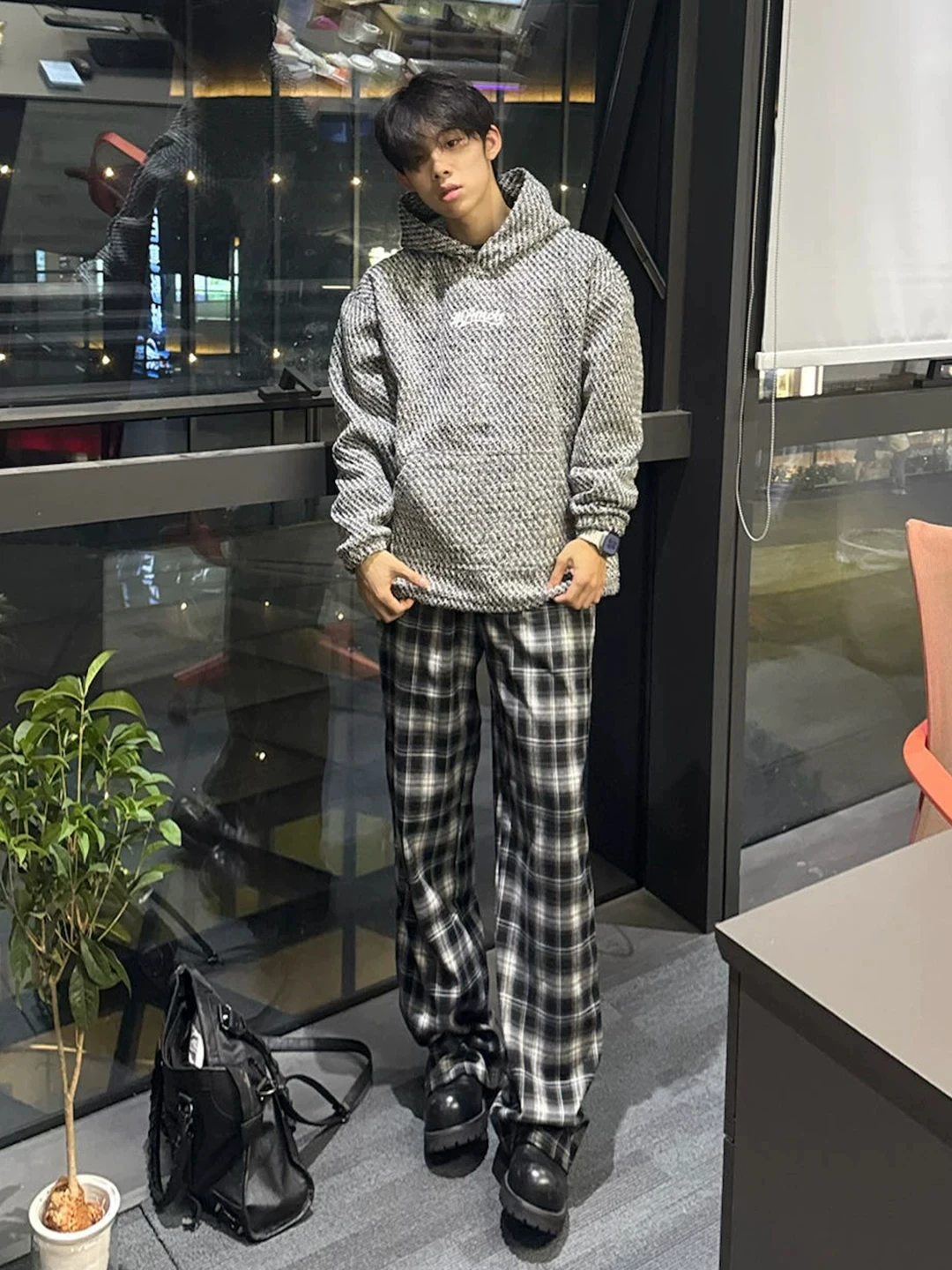 Men's Plaid Brushed Casual Pants Straight Leg Sporty Autumn Winter High Street Cleanfit Trousers Fashionable Straight Tube Pants