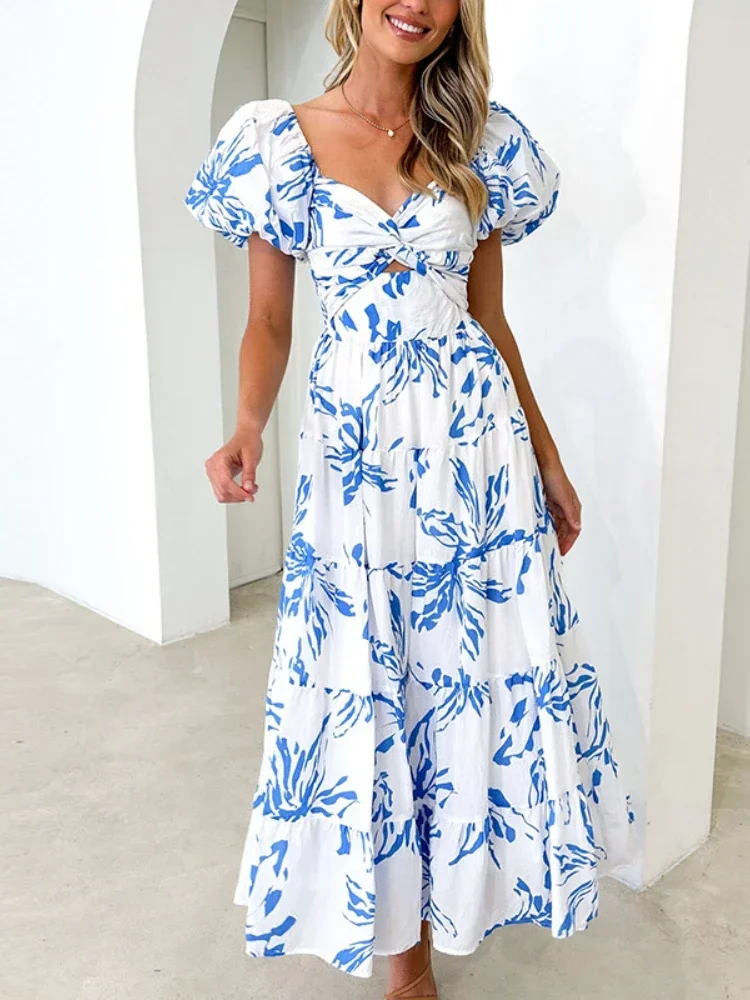 Holiday Vintage Maxi Long Beach Dress for Women 2024 Spring Summer Female Slim-fit Printed Hollow Puff Sleeve Dress Elegant