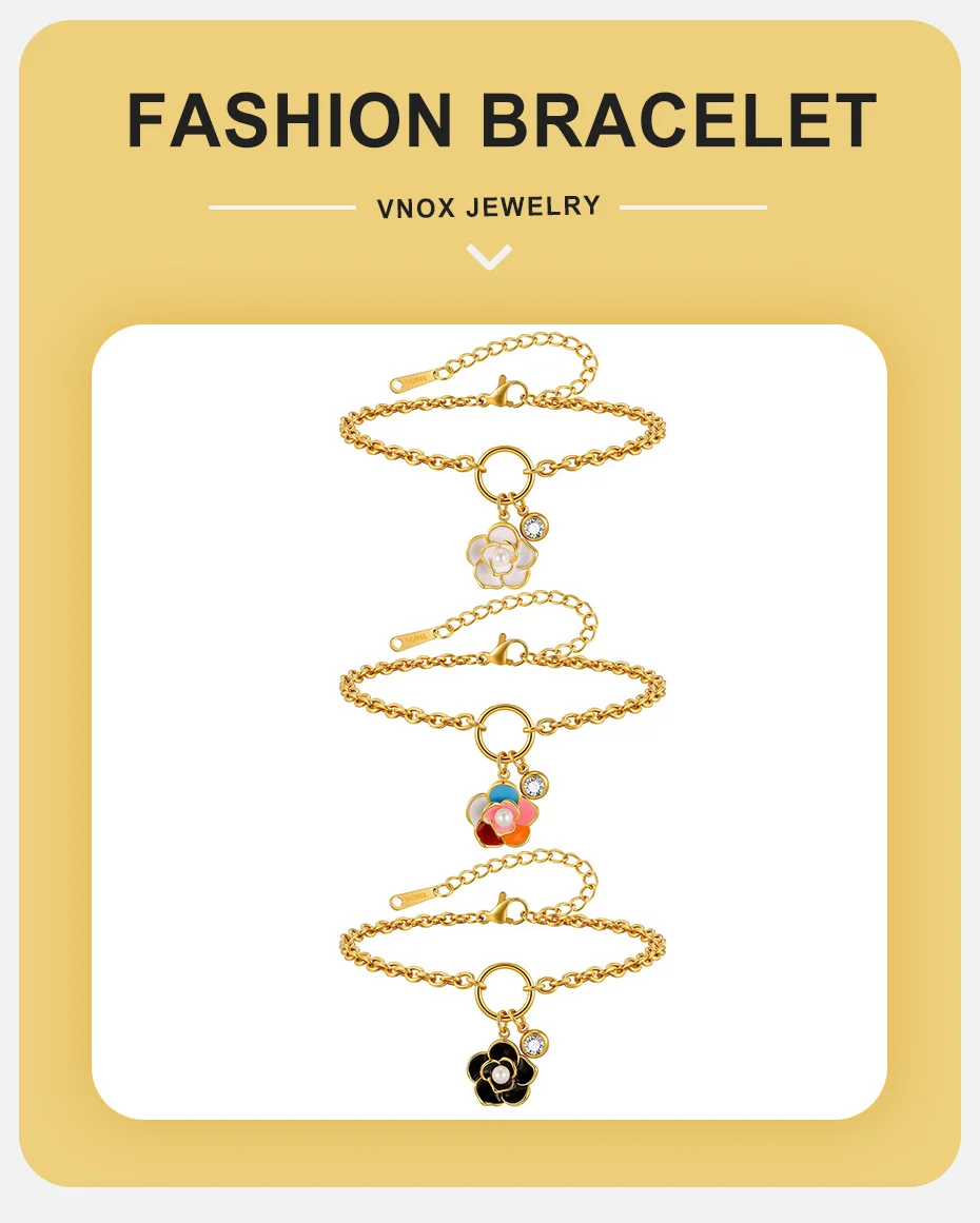 Vnox Exquisites Emaille-Armband mit bunten Blumen und Anhänger-Halskette für Damen, vergoldeter Blumenschmuck, trendige elegante Geschenke für Partys – Detail 1