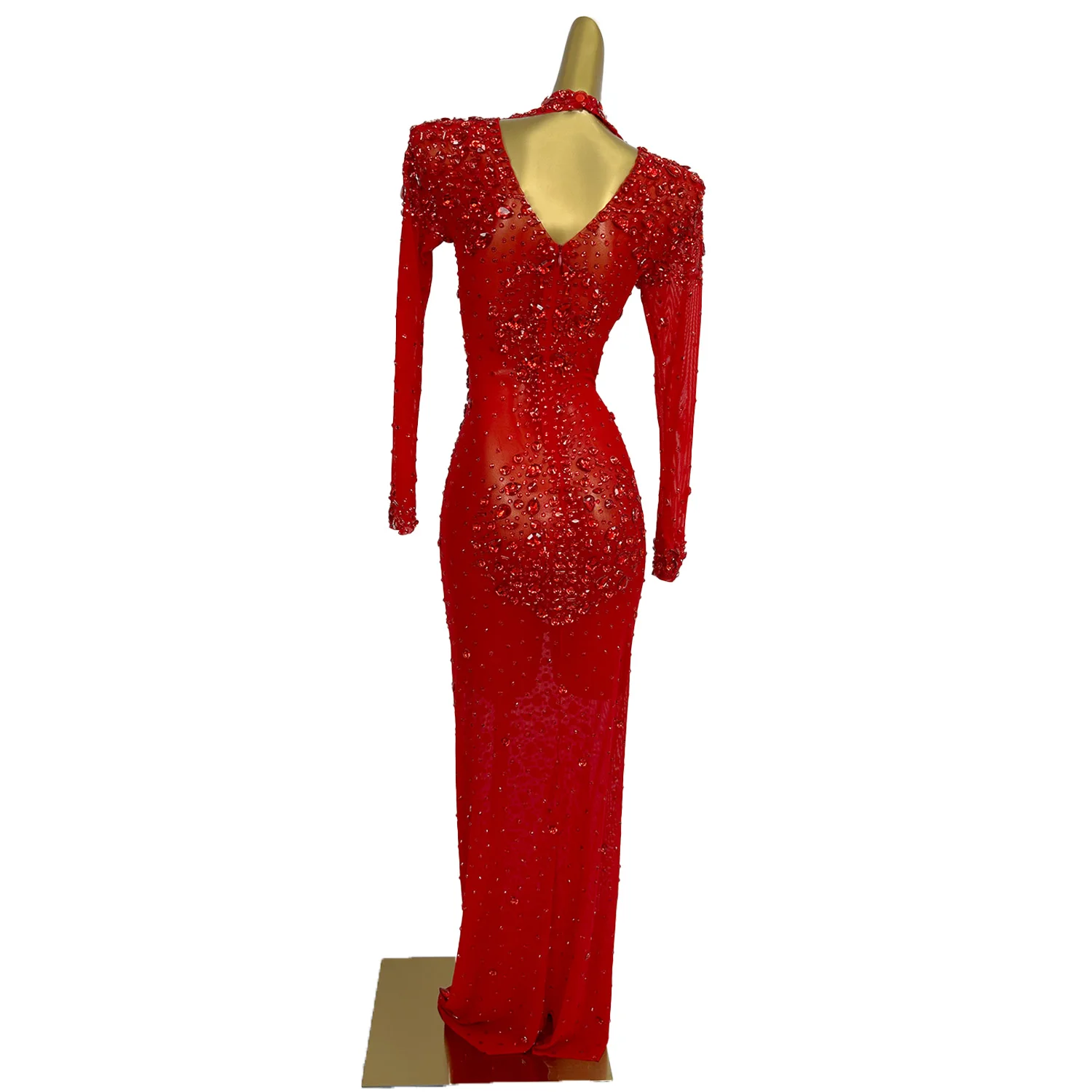 Sparkly Red Strass Langes Kleid Sexy Mesh Frauen Feiern Abend Abendkleid Geburtstag Kleid Sänger Zeigen Bühne Tragen Cuixing