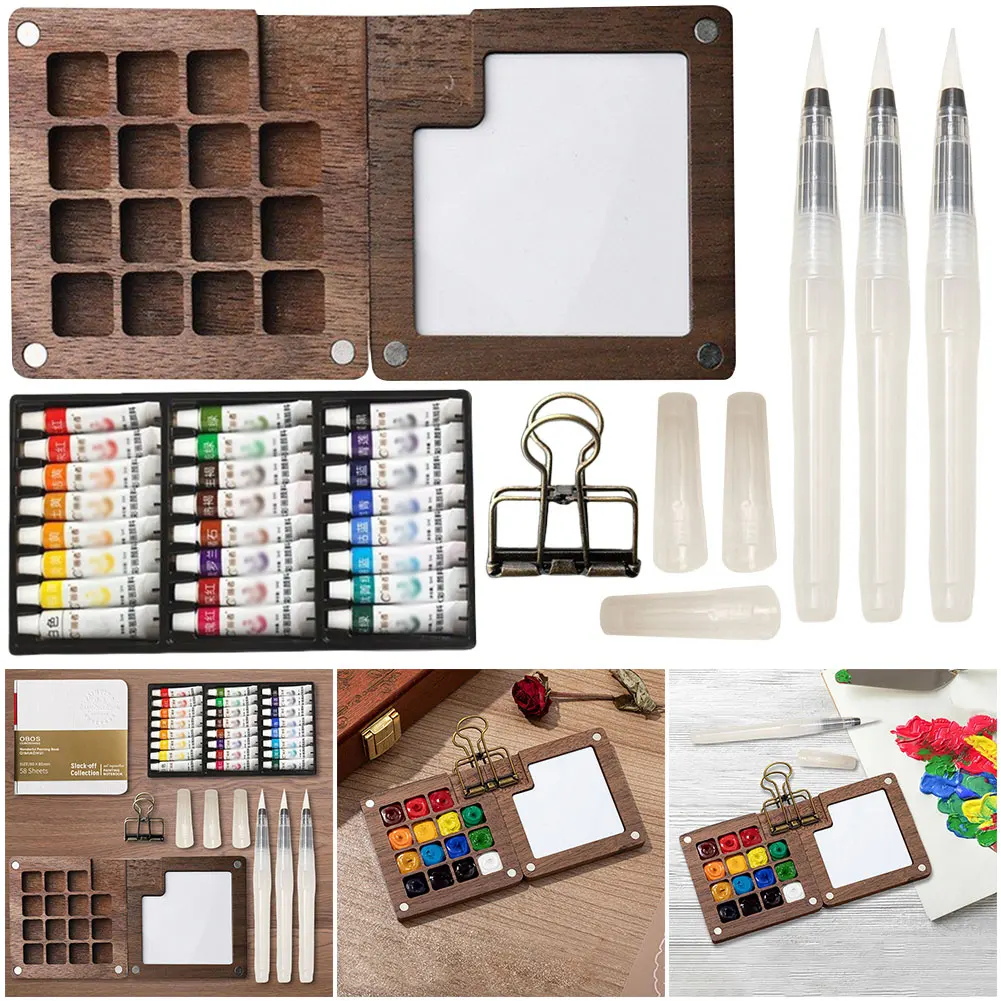 Travel Pocket Artist Watercolor Set Paint Palette with Clip Wooden Grid Paint Box Gift for Artists Students Outing Art Supplies