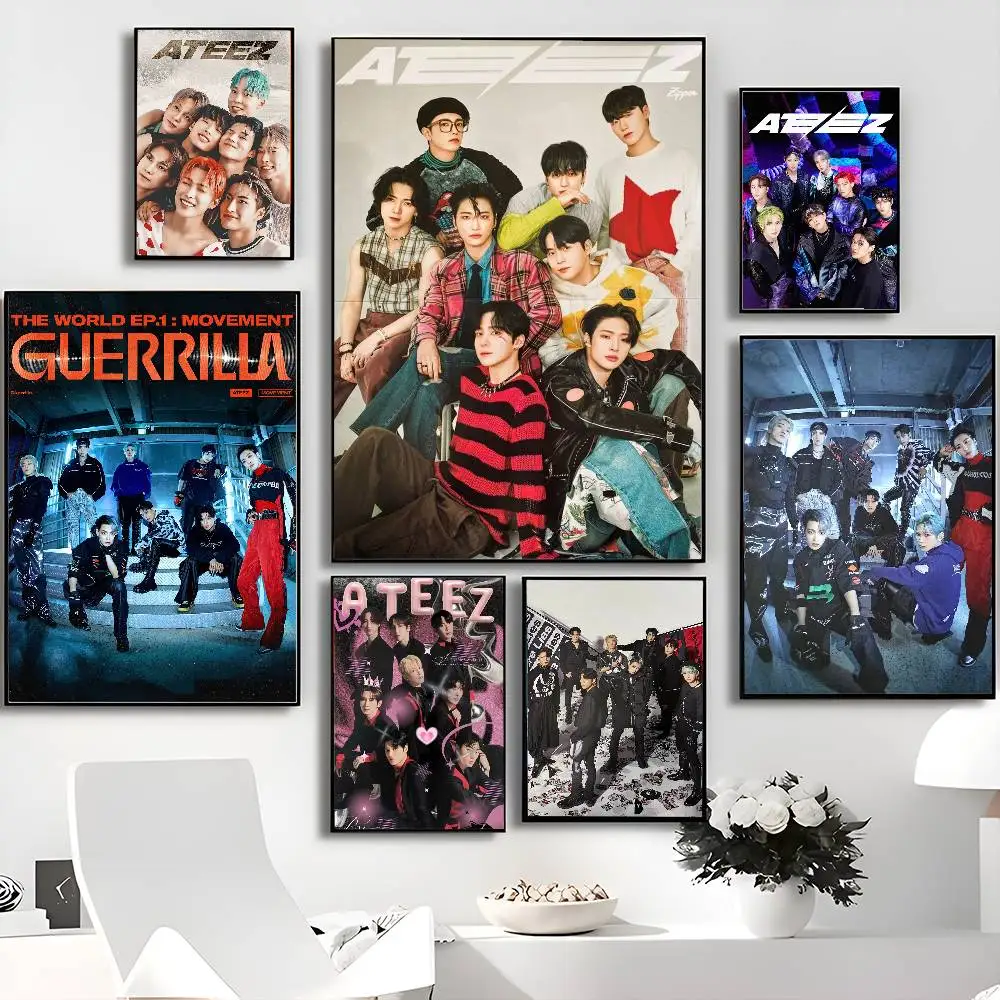 A-ATEEZ KPOP Movie Sticky Posters Retro Kraft Paper Sticker DIY Room Bar Cafe Aesthetic Art Wall Painting