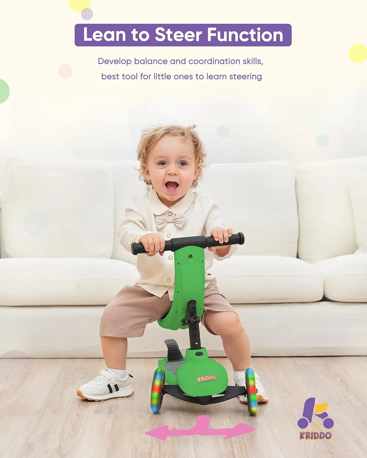 Trottinette Pliante 5 en 1 pour Enfants de 1 à 5 Ans, avec 3 Roues Éclairées, Planche Large sur Pied, Réglable, Recommandée, Apprendre