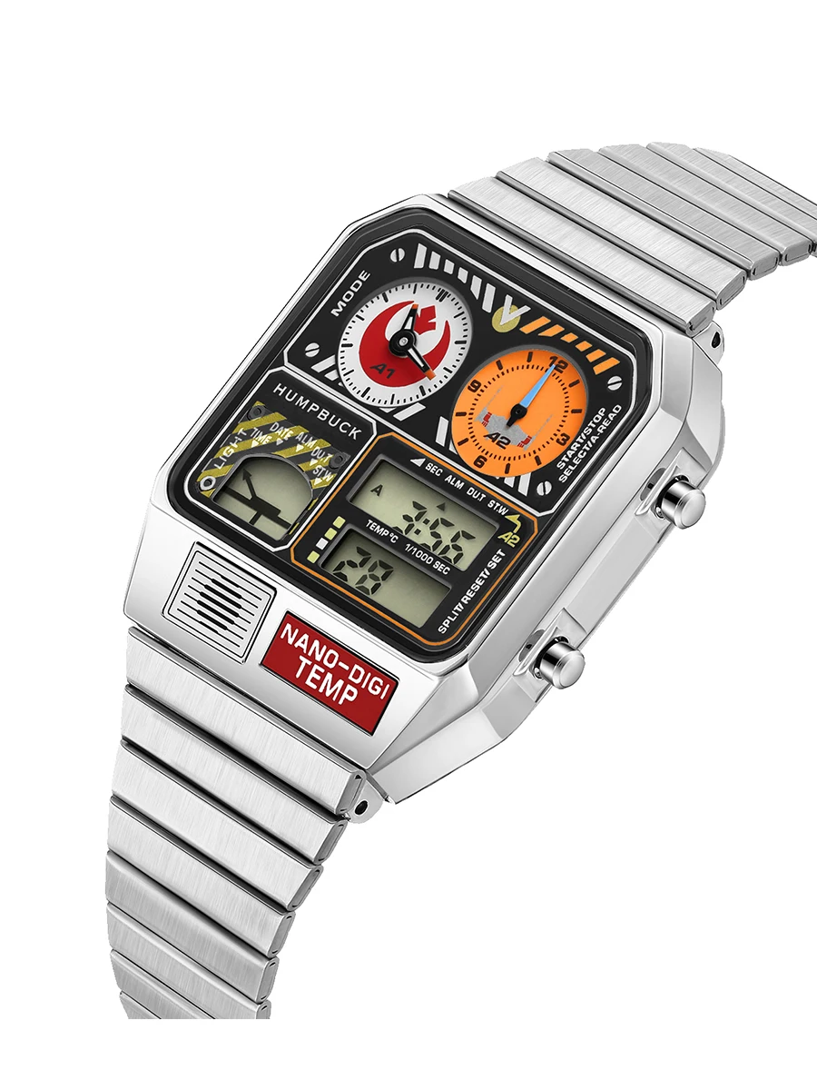 ساعة HUMPBUCK بتصميم كلاسيكي مقاومة للماء رياضية مع كرونوغراف 1/1000 ثانية وساعة بإضاءة LED للرجال